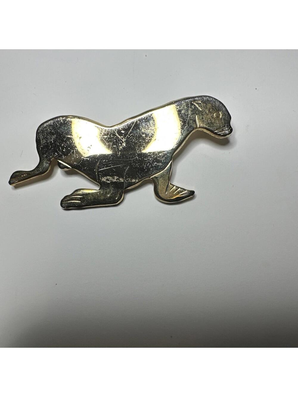Signed Mark XIV Seal Brooch Pin Goldtone  2” Wide  1” High